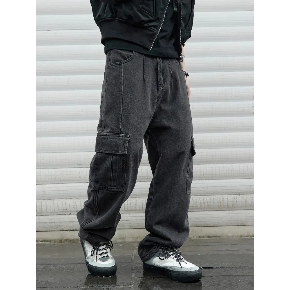 

Мужские джинсы Y2K Baggy в стиле хип-хоп Harajuku, широкие прямые брюки из ПВХ-ткани, нейтральный стиль, повседневные штаны