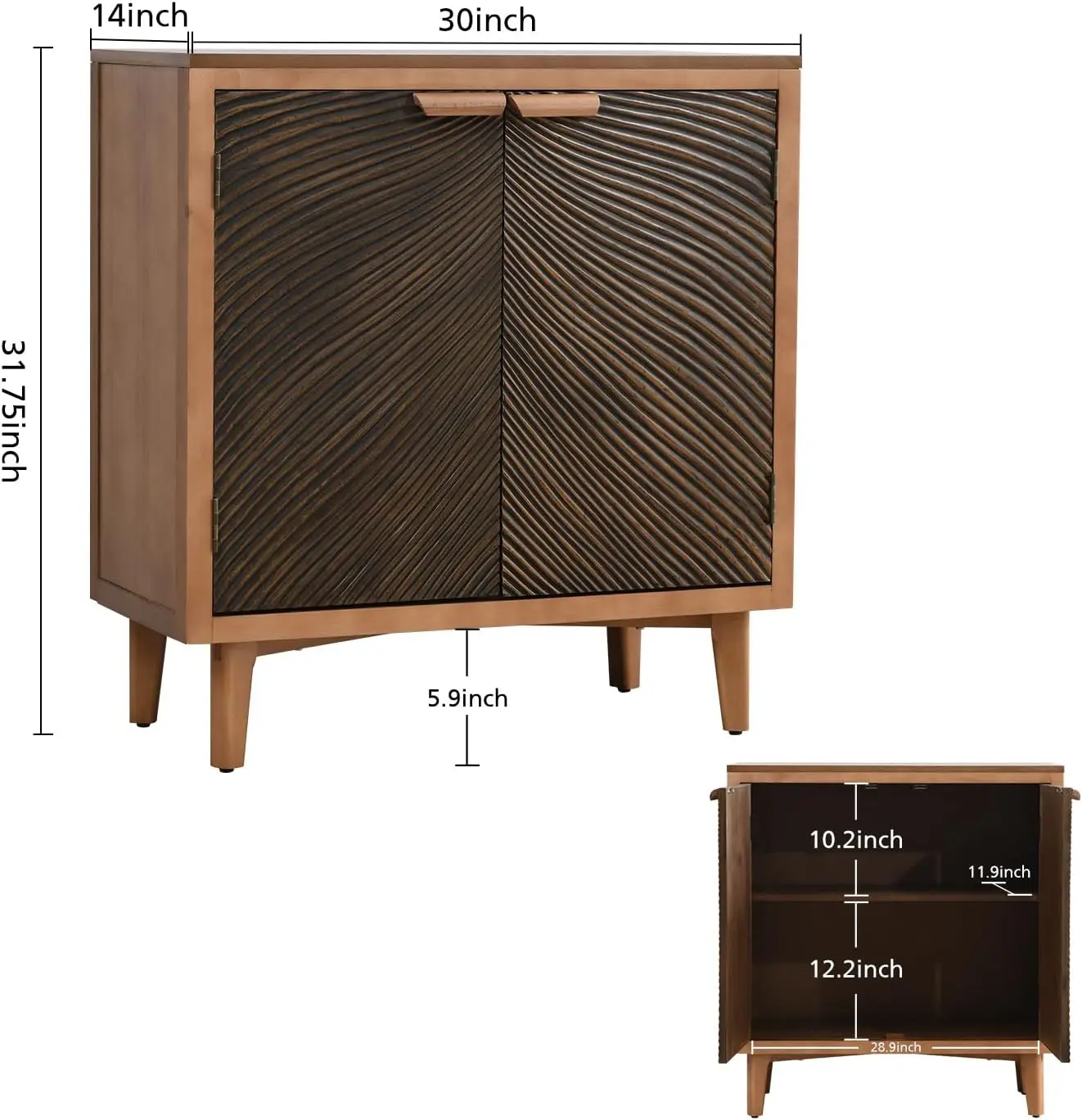 Sideboard-Buffetschrank mit strukturierten Türen, moderner Aufbewahrungsschrank mit diagonalem Wellenmuster, rustikaler brauner Credenza für den Flur