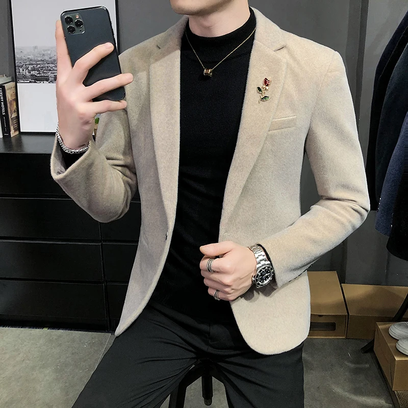 Fashion New Men's Suit Jacket Mink Velvet Material Business Casual Jacket One Buckle Korean Version of The Slim Men's Blazer