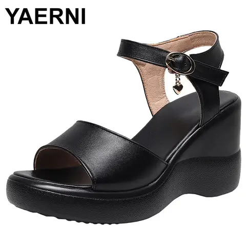 Genuine Leather Women's Sandals Summer Platform Concise Wedge Heel Women Shoes Offers Dress Peep Toe Black and White Shoes