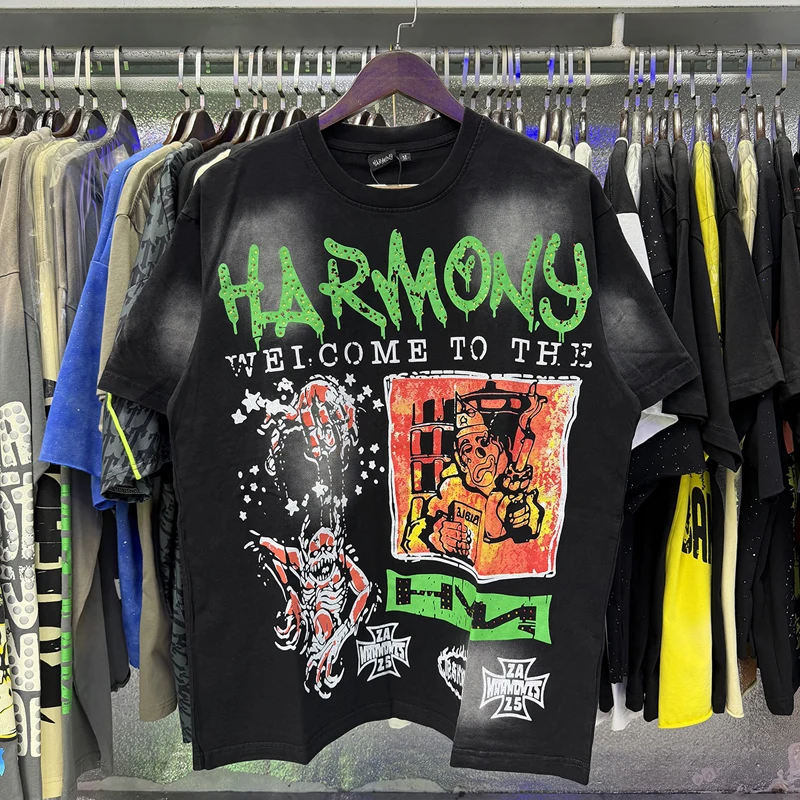 Street Hip-hop Trendy HARMONY T-shirt High Quality Flame Pattern Short Sleeve Casual Loose Rhinestone T Shirt