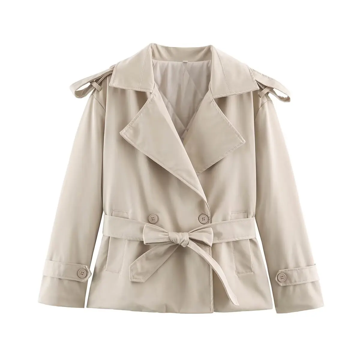 BSAY 2026 New Women Relaxed Commuter Short Trench Coat Lapel Double Breasted Belted Windbreaker Casual Office Autumn Outerwear