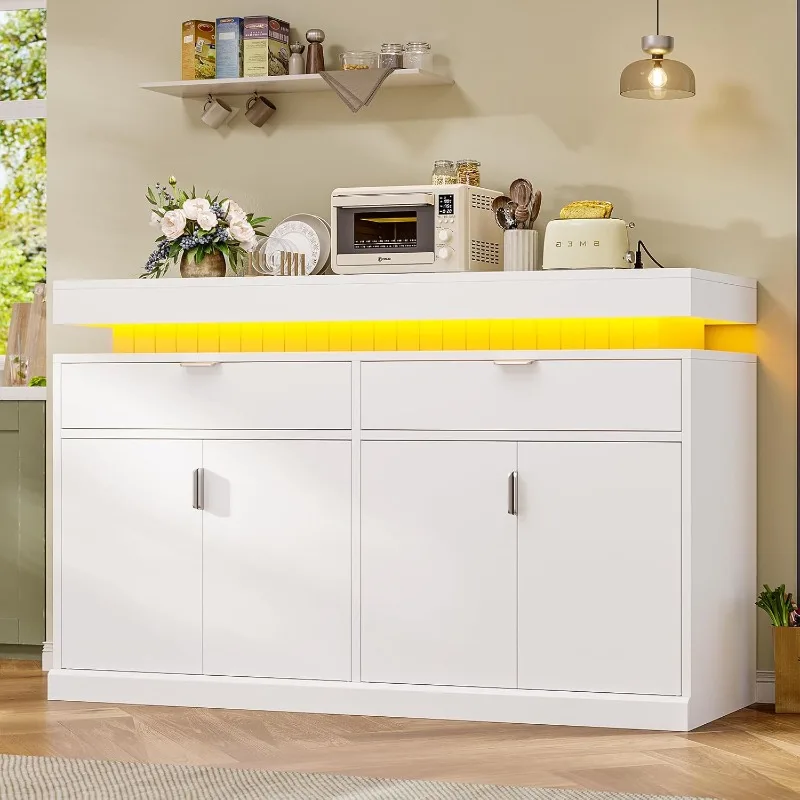 

Современный белый буфет-комод с LED-подсветкой и зарядной станцией, регулируемые полки для хранения, для столовой и гостиной