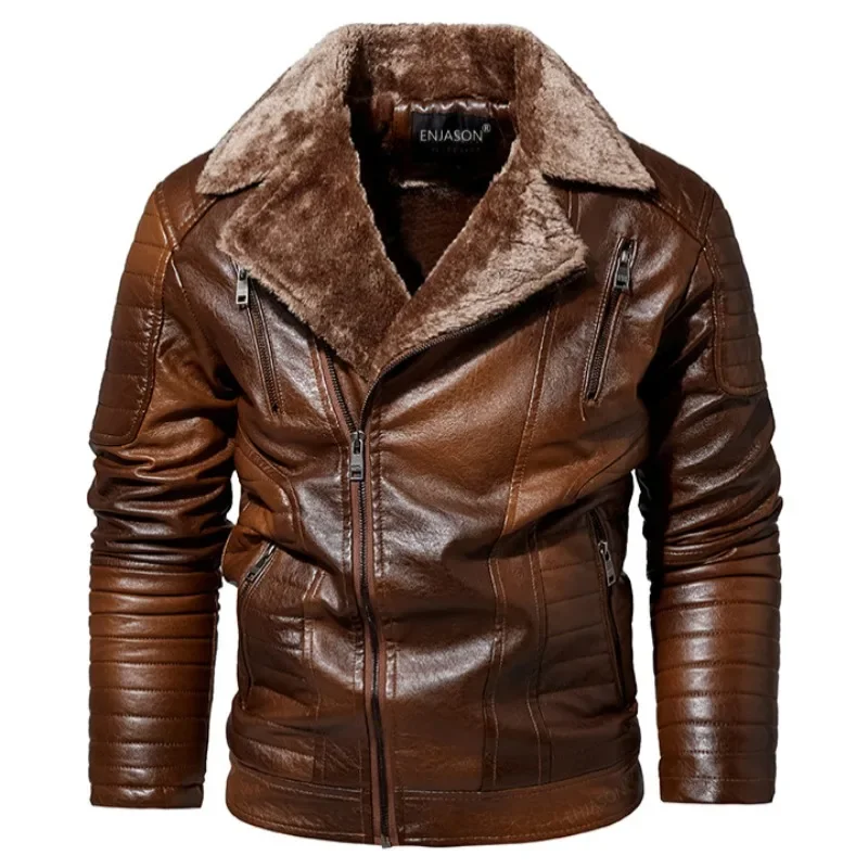 Men Autumn Winter Long Sleeve Pu Leather Jacket Fur Locomotive Coats Zipper Motorcycle Outwear Faux Leather