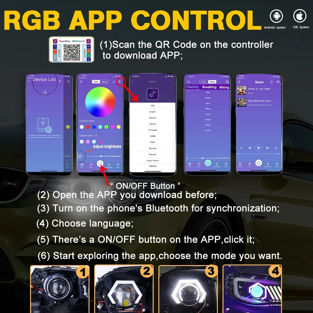 2PCS 12V/24V RGB APP Control Hexagon Angel Eyes Halo Rings Retrofit Headlight Car Motorcycle White DRL+Amber Turn Signal Light