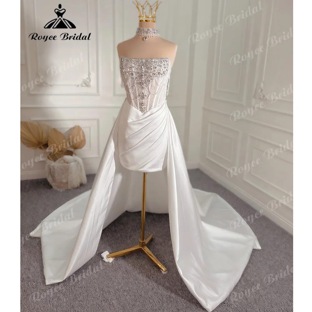 Strapless Wedding Dress Crystal Rhinestone Corset Bodice Detachable Satin Overskirt Mini Fitted Inner Skirt Bridal Gown Custom