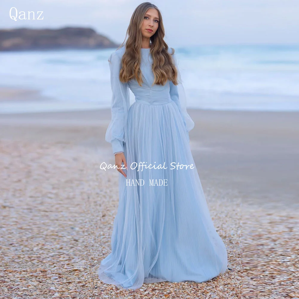 

Qanz Beach Sky Blue Evening Dresses Long A Line Puff Sleeves Vestidos De Festa O Neck Women's Wedding Party Attire Customized