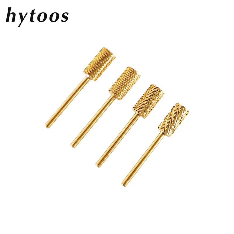 HYTOOS Gold Large Barrel Carbide Nail Drill Bits 3/32 Manicure Burr Remove Gel Electric Machine Drills Accessories Supplier