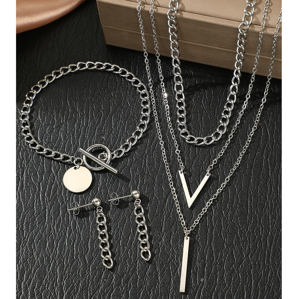 Stainless Steel Jewelry Set Fashion Hanging Bracelet Chain Earrings Cascading Chain Necklace Jewelry Set For Women Jewelry Gift