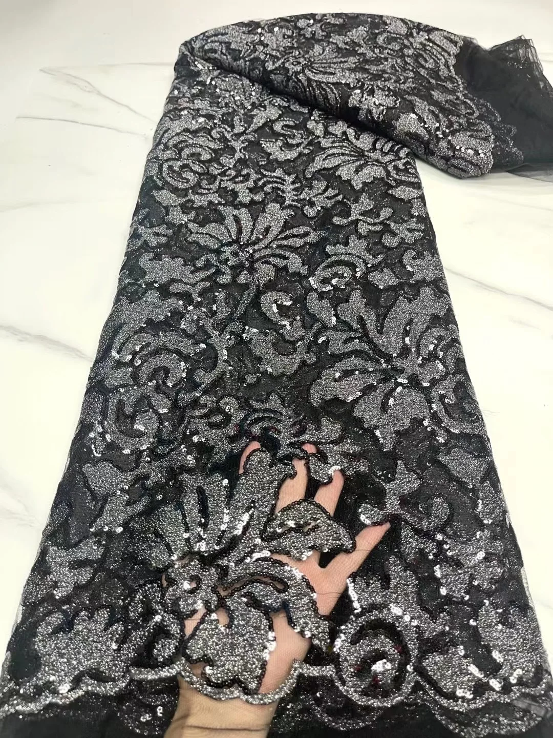 Fashion Black African French Lace Fabrics 2022 High Quality Shiny Sequins Lace Mesh Lace Fabrics For Nigerian Wedding Dress