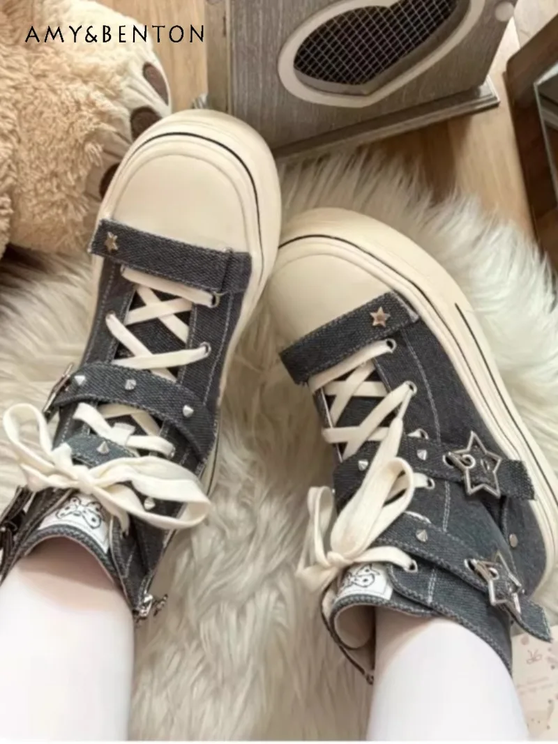 

Cartoon Star Canvas Shoes Thick Sole Cloth Shoes Subculture Lolita Shoes Y2K Height Increasing Versatile Sweet Cool High Heels