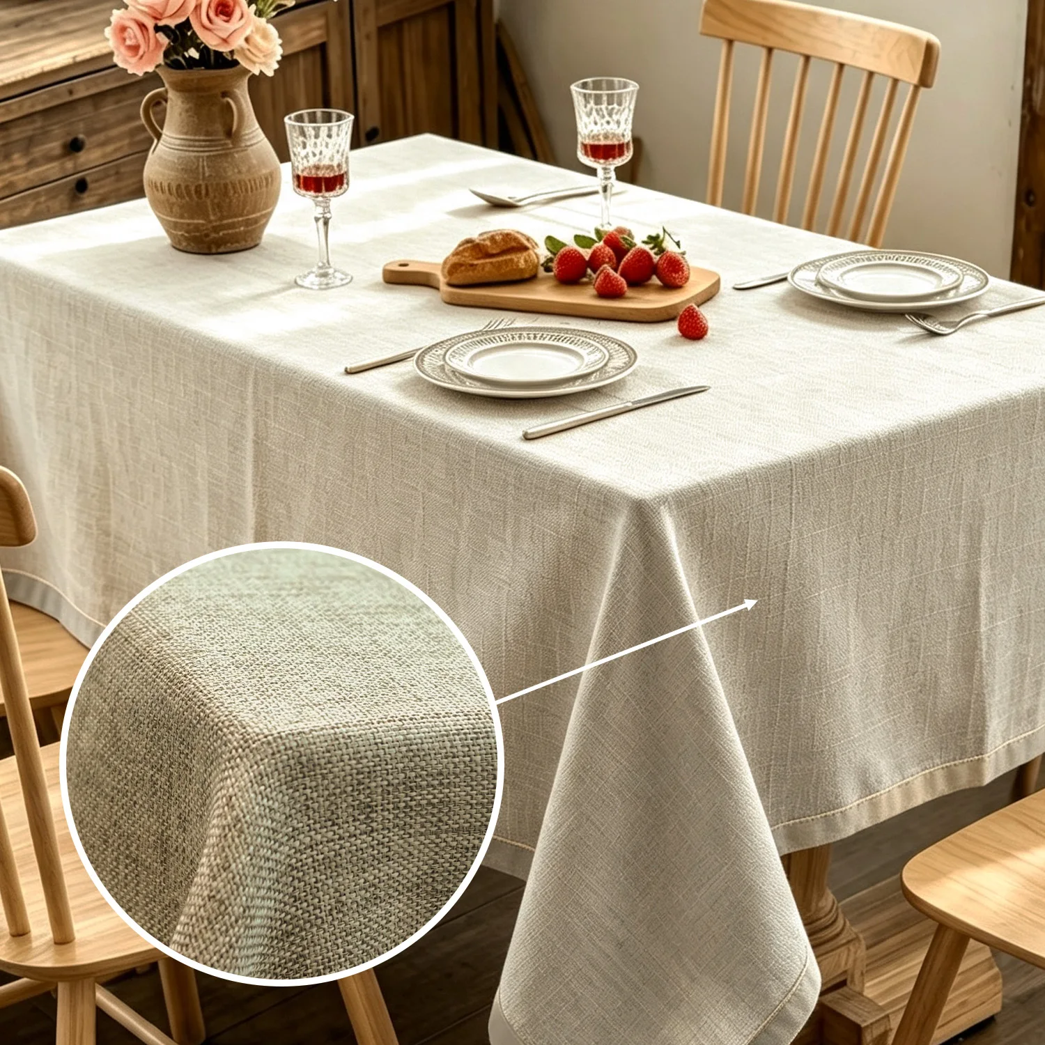 142Cm Width Khaki Linen Tablecloth, Hemmed Edge Wrinkle Resistant Easy Clean Fabric For Dining Picnic Holiday Home Decor