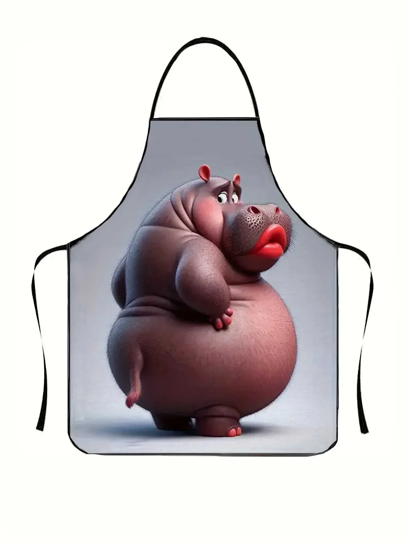 Funny Cartoon Hippo Apron Loose Fit Unisex Kitchen Apron Back Tie Durable Fabric Cooking Baking Grilling