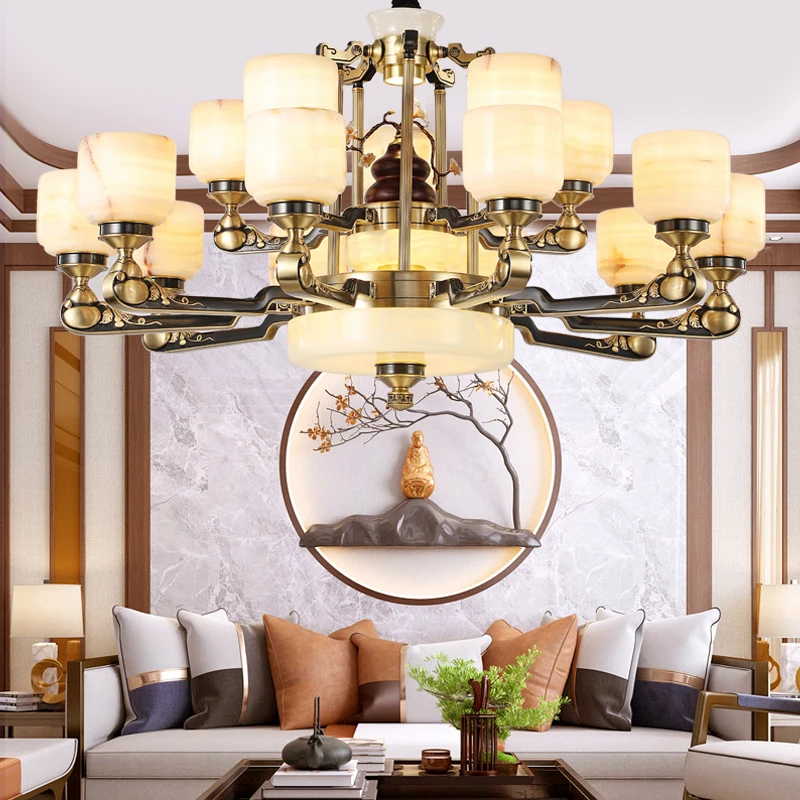 

New Chinese Villa Duplex Living Room Lamp Multi-storey Chandelier Atmospheric Chinese Wind Hotel Lobby Zinc Alloy Jade Lamps