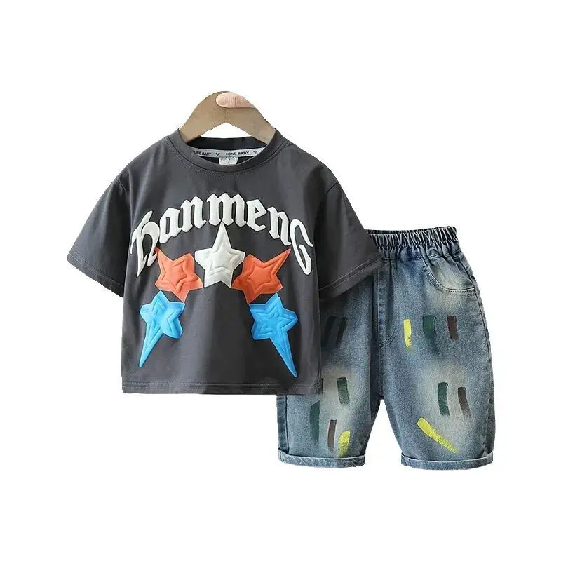 

New Summer Fashion Baby Clothes Sets For Boys Children Boys Denim T-shirt Shorts 2Pcs Casual Clothing Kids Jeans Suit