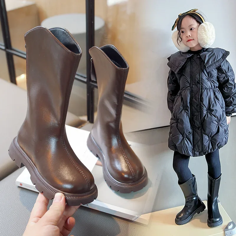 

Детские кожаные ботинки, модные повседневные высокие сапоги для девочек, высокие сапоги в стиле принцессы, осень-зима 202, детские высокие сапоги с молнией сзади