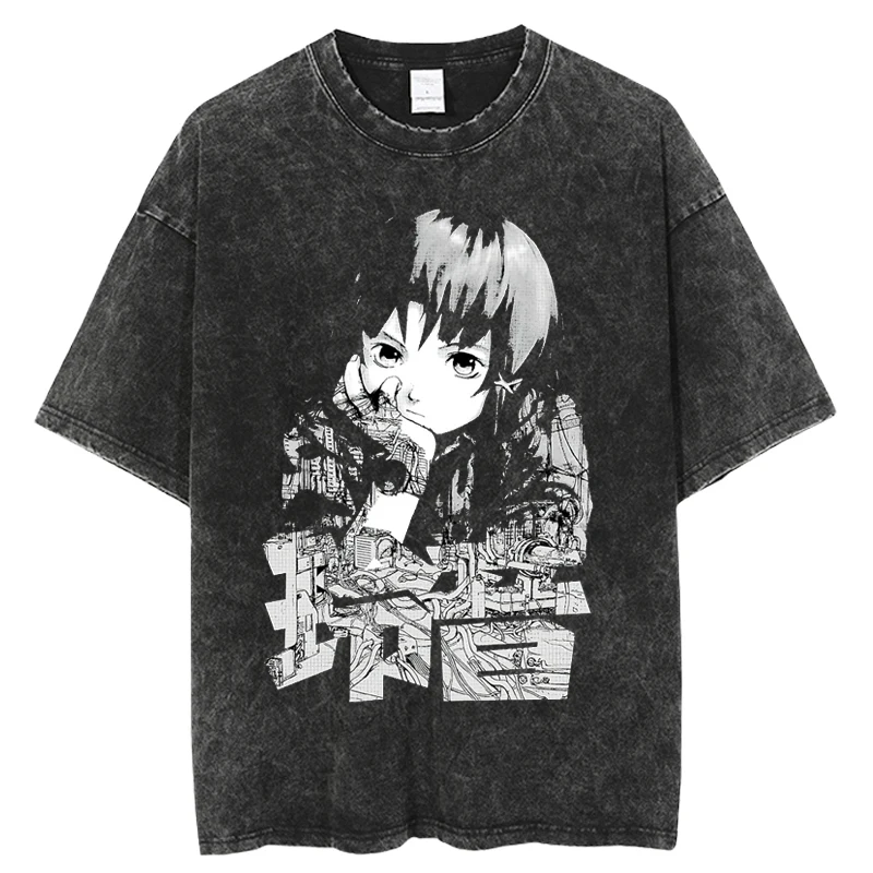 Anime Serial Experiments Lain Retro Washed T-Shirt Men Women Graphic T Shirts Iwakura Manga Girl Sci Fi Short Sleeve Cotton Tee