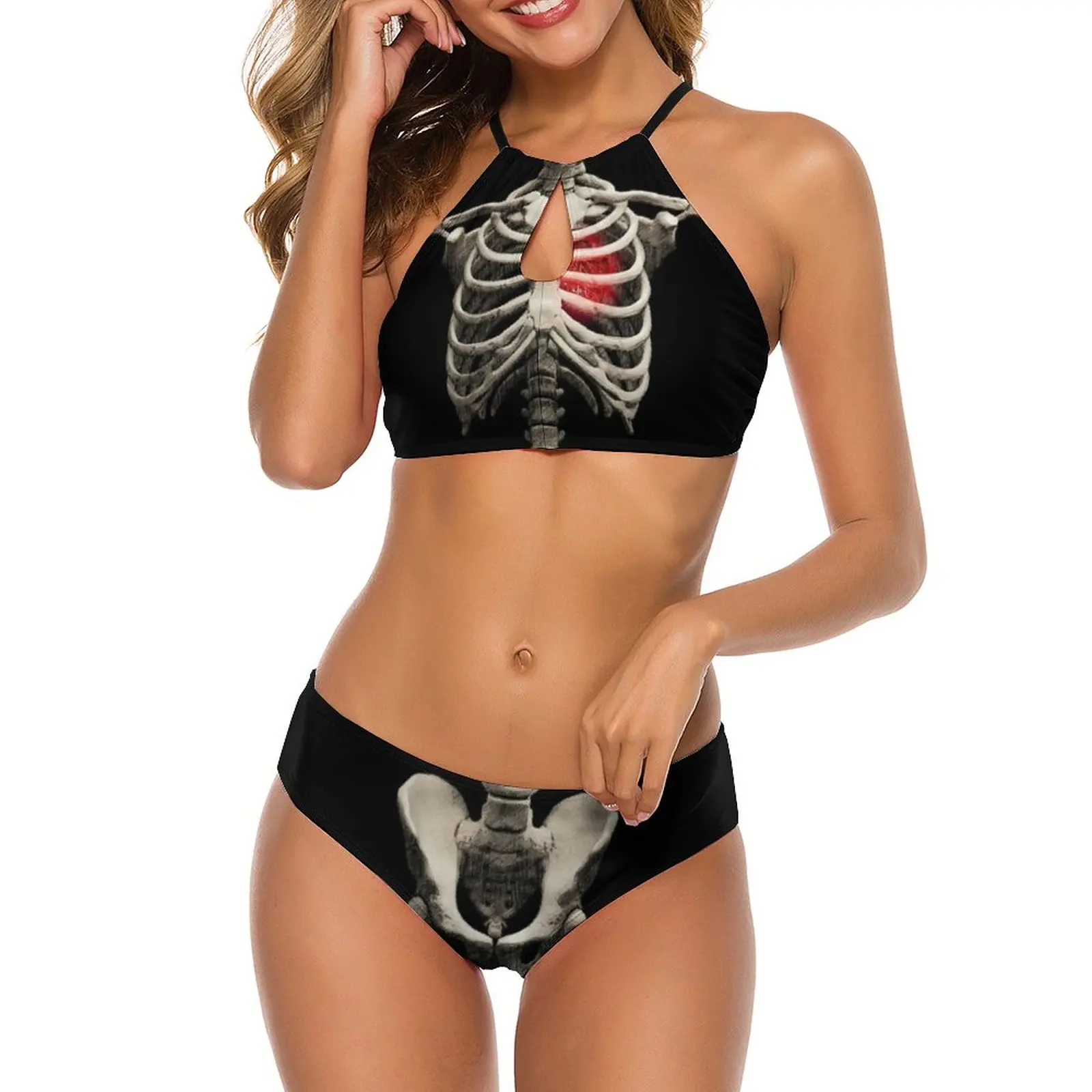 Halloween Bones Bikini costume da bagno scheletro arte cuore costumi da bagno Sexy Push Up Retro Bikini Set Sport Bikini femminili stampa Biquinis