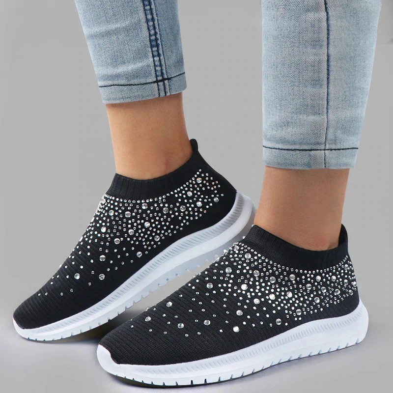 Breathable Mesh Crystal Sneaker Shoes for Women 2022 Summer Knitted Platform Sneakers Woman Plus Size Comfortable Soft Flats