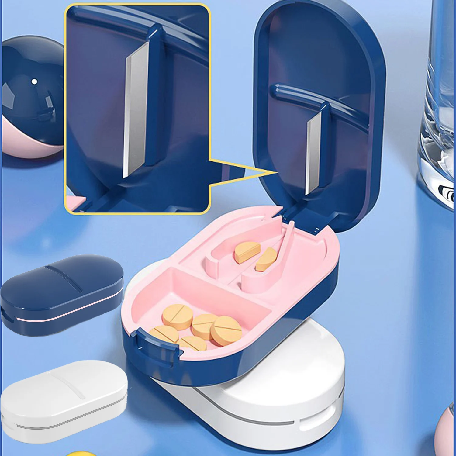 2 In 1 Mini Pill Cutter With Invisible Storage Box Portable Drug Tablet Medicine Dustproof Divider Organizer Crusher Pill Box