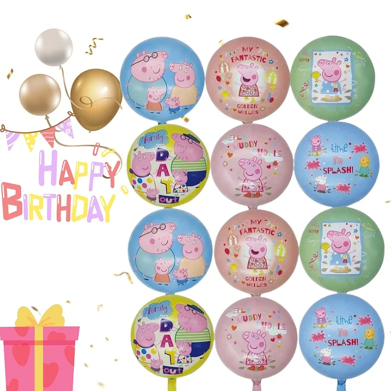 12 Uds. De decoraciones para fiesta de cumpleaños de cerdito, juego de globos redondos de papel de aluminio, suministros para celebraciones navideñas temáticas de Peppa Pig