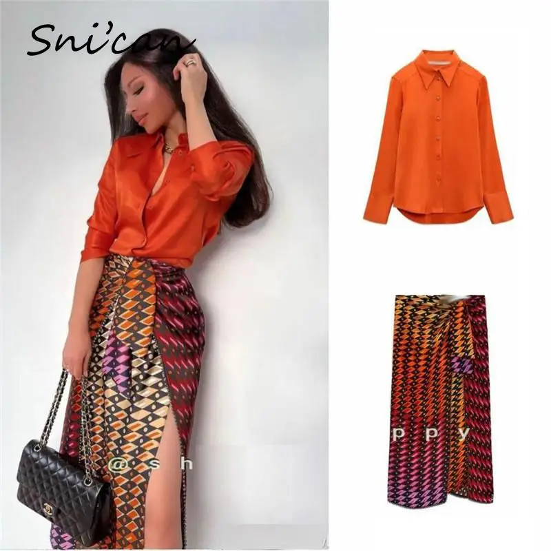 Solid Orange Office Ladies Satin Blouse Spring Summer Fashion Casual Chic Tops Za Vintage Women Shirts Blusas Mujer 2022 New 