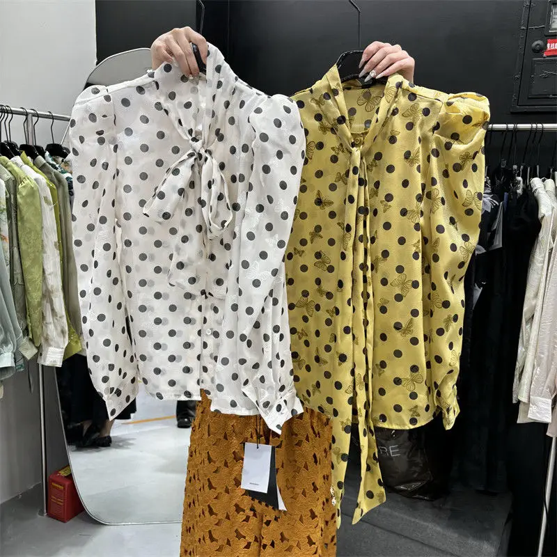 Korean Drawstring Bow Polka Dot Blouses Women Spring 2024 Fashionable All-match Printed Spliced Ruched Long Sleeve Button Shirts