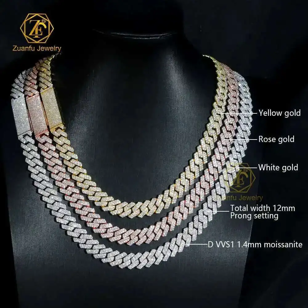 

10mm 12mm 925 Sterling Silver Iced Out Diamond Prong Cuban Link White Gold Necklace for Men Women Hip Hop Jewelry Cuban Chain