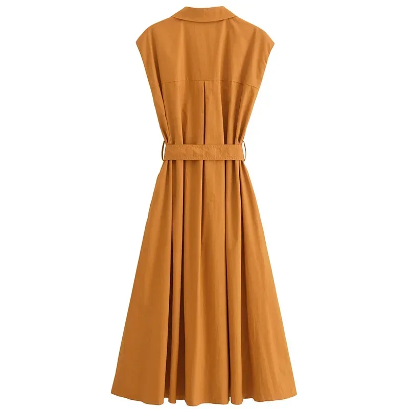 TRAF 2024 Belt Shirt Dress Woman Sleeveless Long Dress Women Summer Midi Casual Holiday Dresses Ruched Women\'s Elegant Dresses