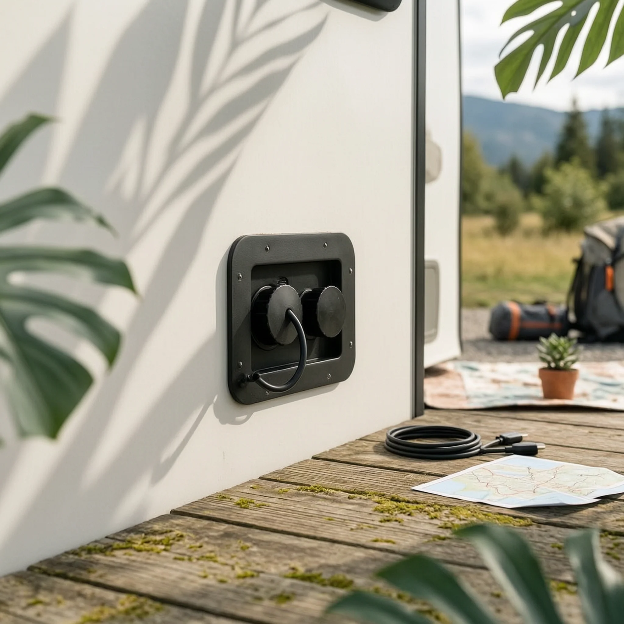 Hatch de raccordement d'eau à deux ports pour camping-car, à coins arrondis, avec couvercle à fixation intégrée