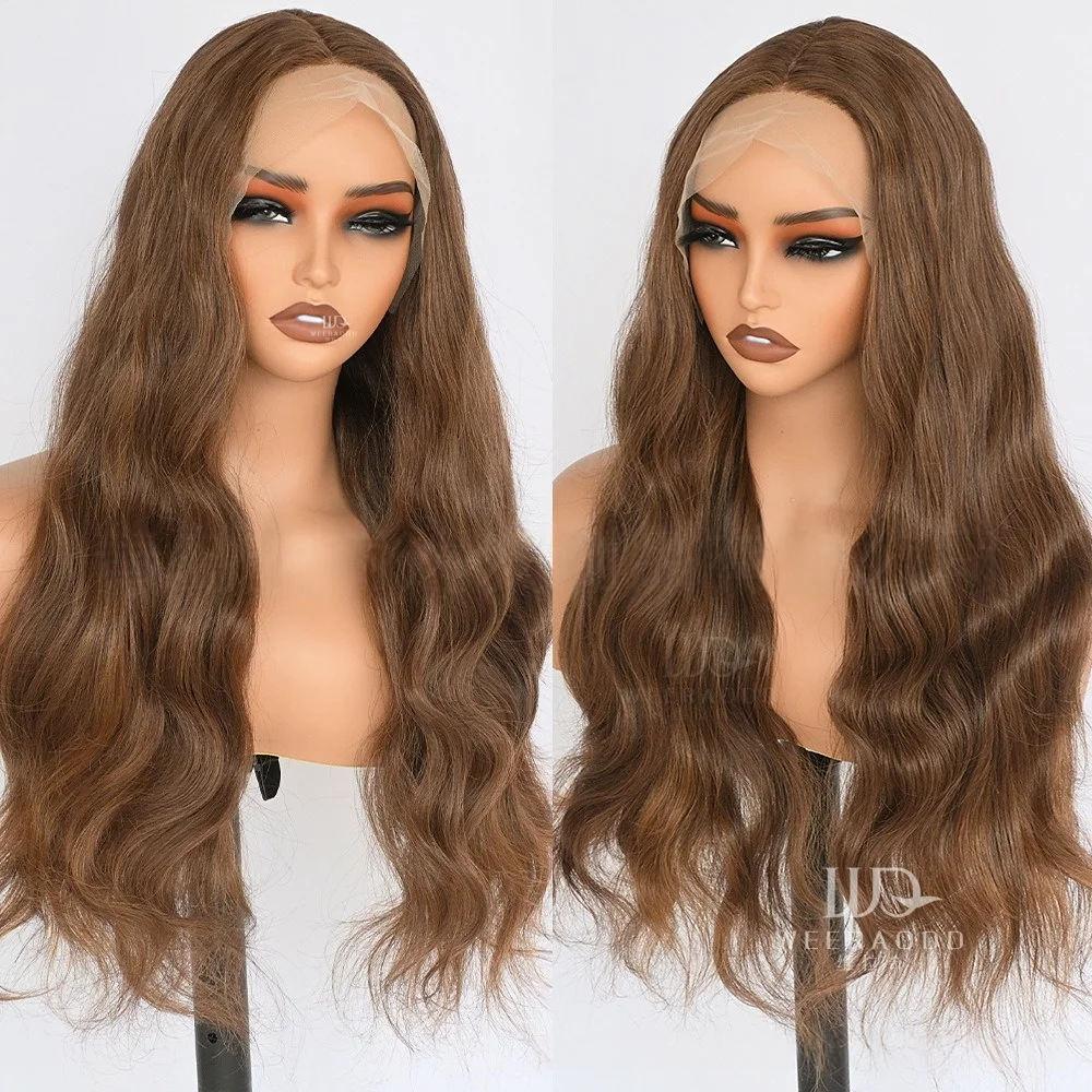 28 Inch Body Wave Chocolate Brown Lace Front Wig for Women Glueless Heat Resistant Synthetic T Part Wig 150% Density Daily Wear