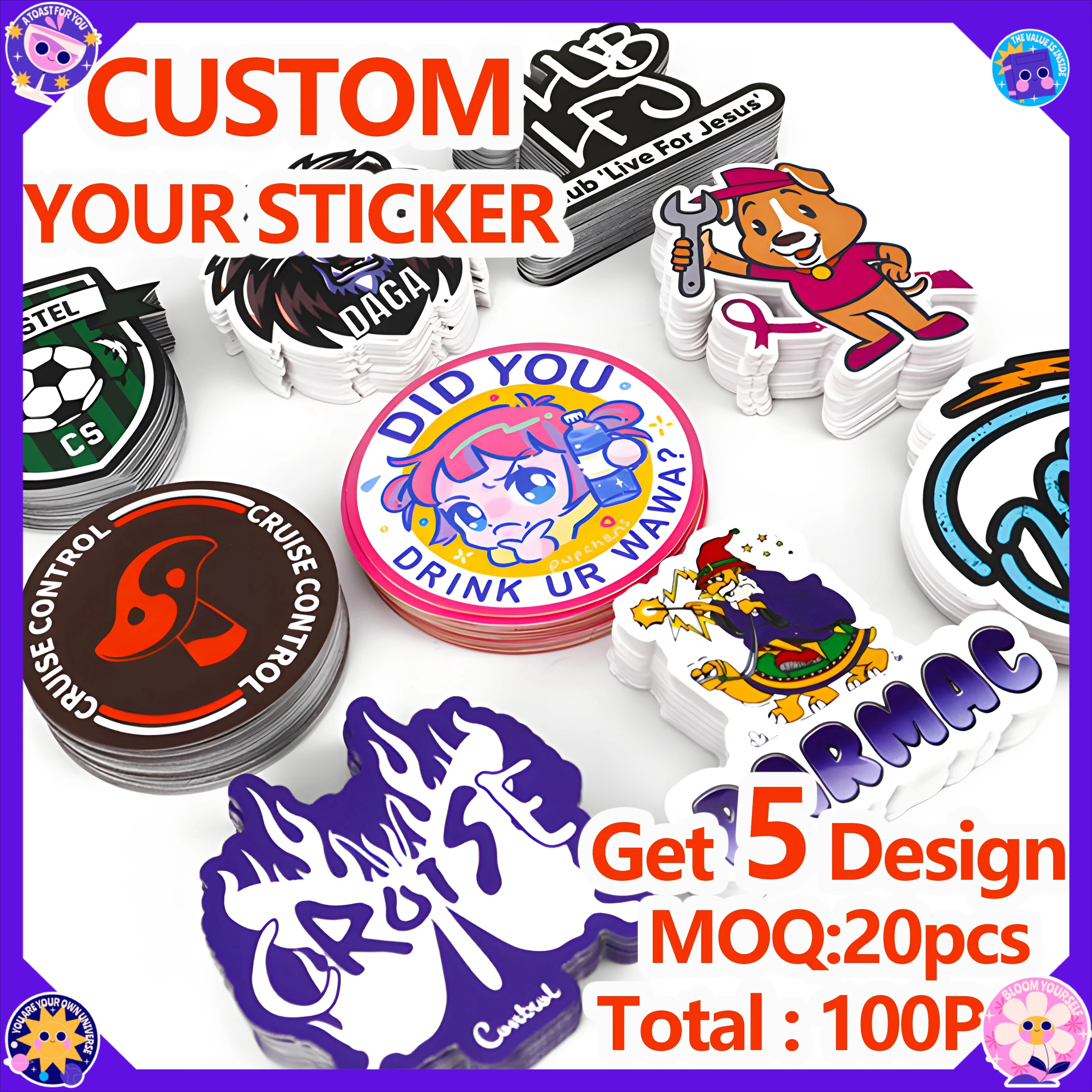 Custom Stickers Waterproof Your Own Logo Name Label PVC Vinyl Die Kiss Cut Kawaii Cute Laptop Aesthetics Sticker Self Adhesive