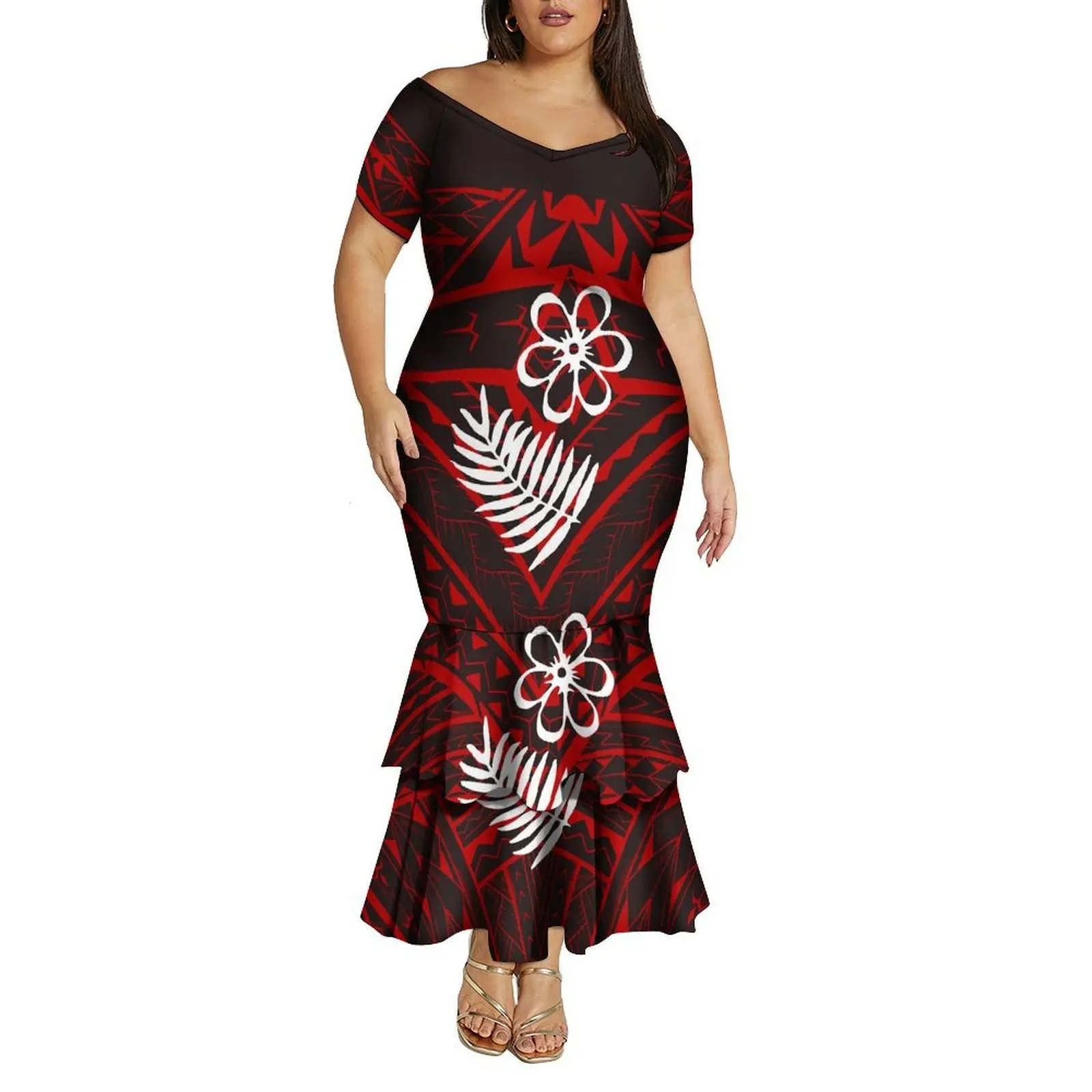 Fashionable Design Sense Customizable Pattern Women'S Fishtail Skirt Polynesian V-Neck Off-The-Shoulder Double-Layer Skirt Hem