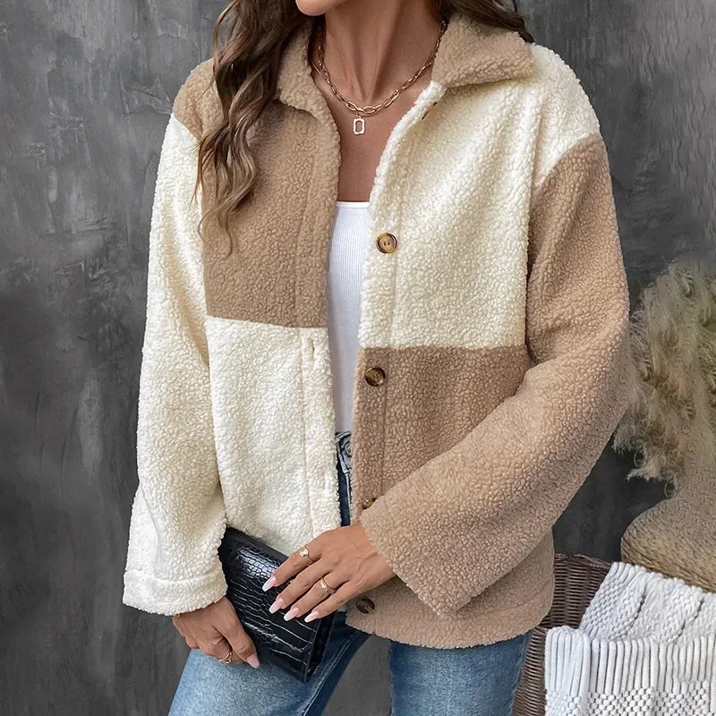 Vintage Loose Spell Color Fleecing Lapels Coat, Women's New Autumn and Winter Splicing Thickened Casual Single-breasted Jacket