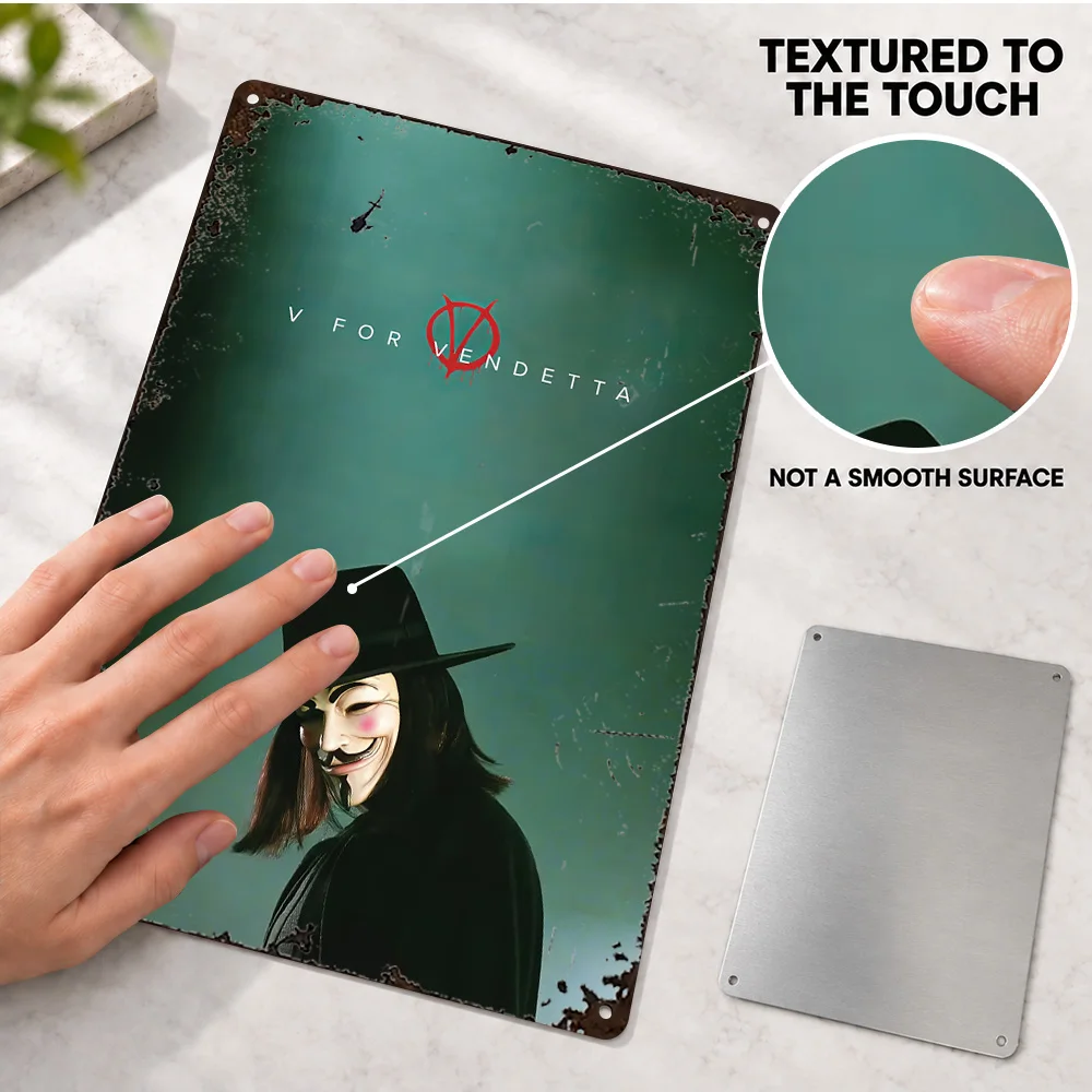V For Vendetta Printed Poster Personalized Aluminum Metal Sign Masked Figure Illustration Wall Art Media Room Movie Lover Gift