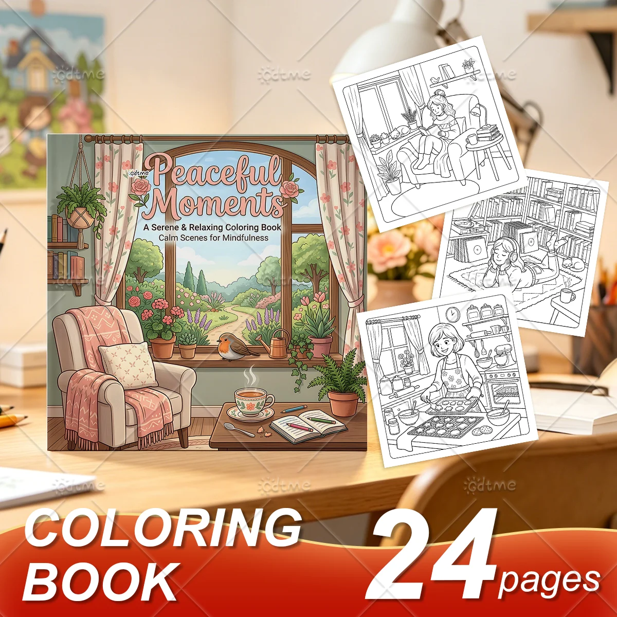 Peaceful Moments Coloring Book for Adults, Serene Calm Nature Cottage Scenes, Mindfulness Stress Relief Drawing Activity Book