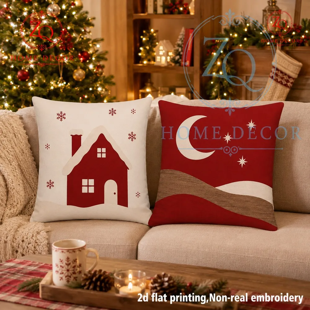 The retro reddishbrown color scheme paired with the snow house  star  moon print is perfect  Christmas home decor