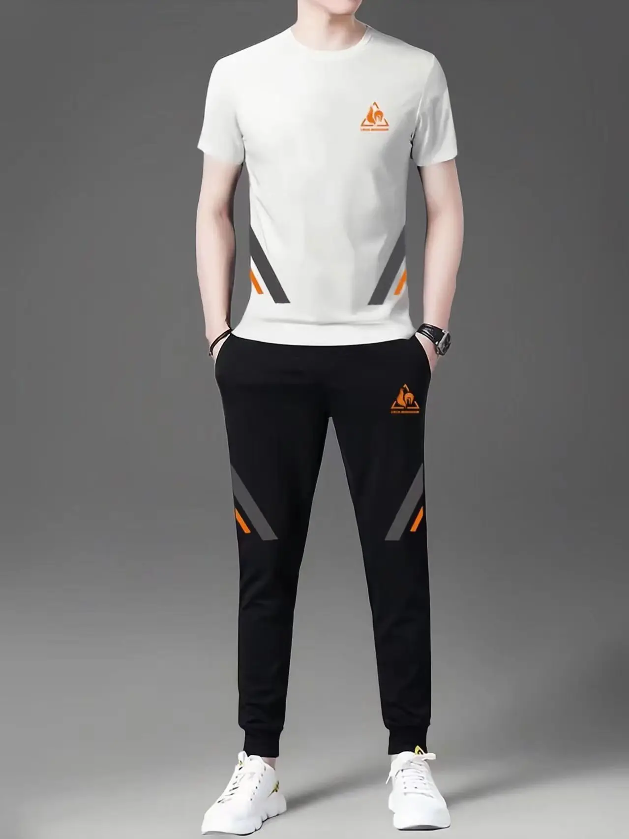 Ice Silk Quick Dry Summer Men's Sportswear Fashionable Casual Thin Short Sleeve Long Pants Two-Piece Set Polyester Fiber T-Shirt