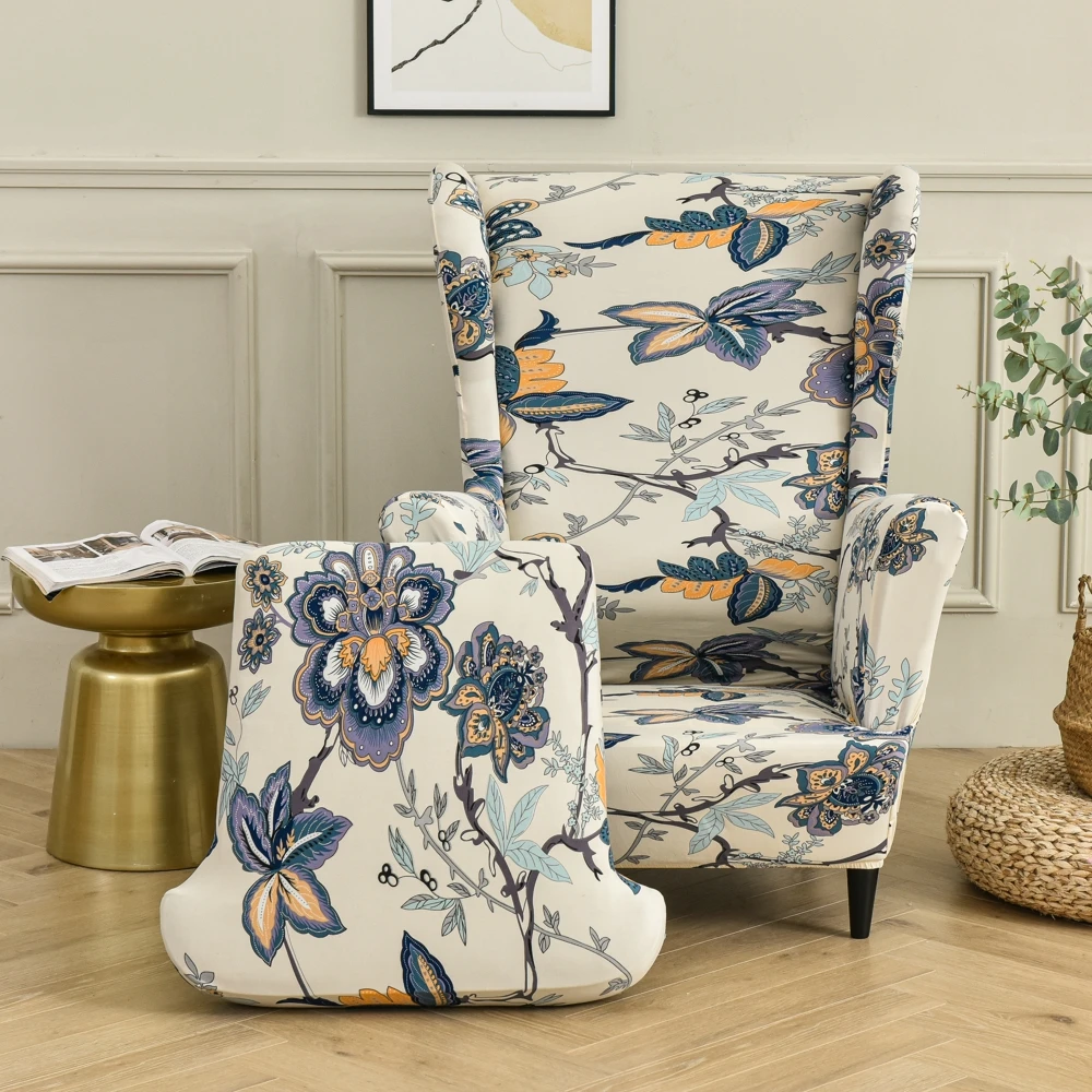 Stretch Spandex Wing Chair Slipcover Nordic Flowers Armchair Covers Elastic Sofa Slipcovers with Seat Cushion Covers Removable