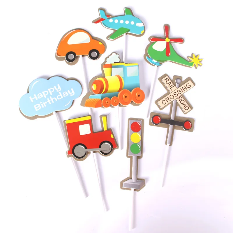 Happy Birthday Cake Topper Car Plane Traffic Light Wedding Decor Flag Kids Party DIY Baking Supplies Cupcake Toppers Baby Shower