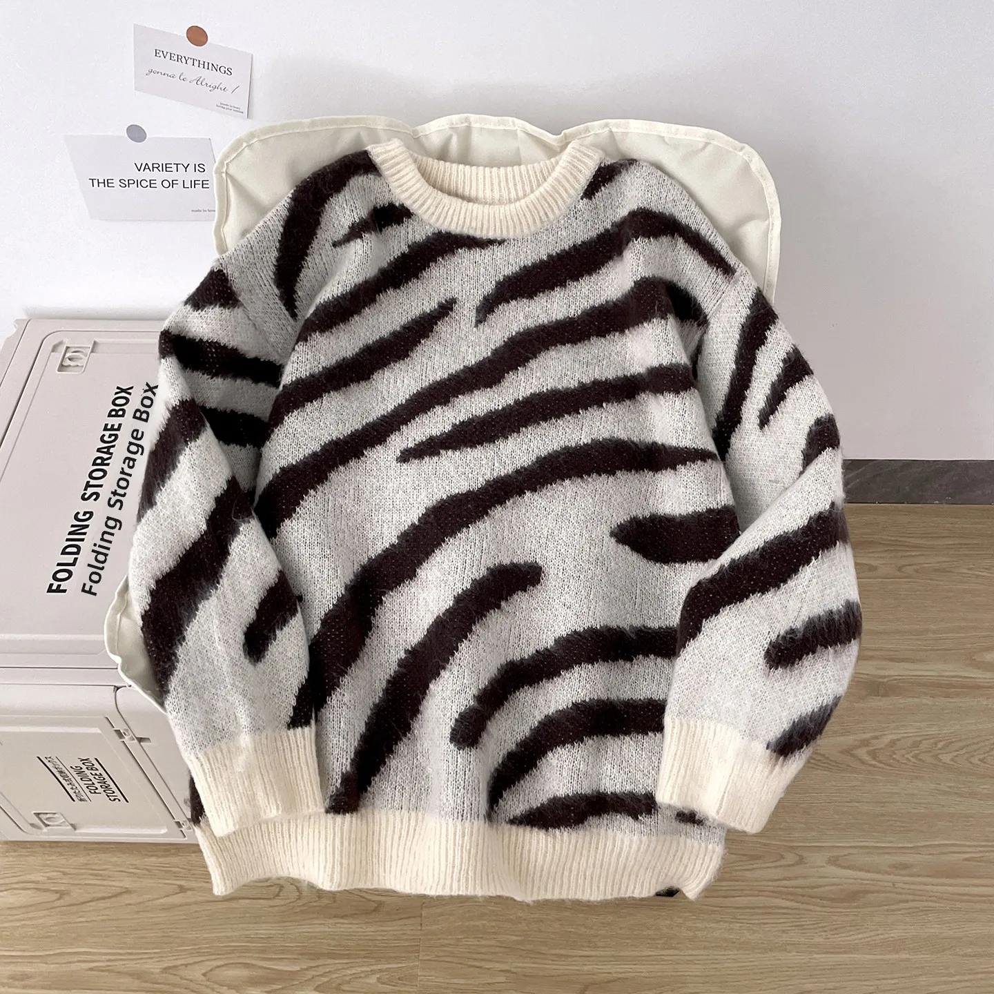 

Color Blo Zebra Pattern round Ne Knitted Sweater Men's Casual Inner Wear Warm Loose Fit Couple Base irt Autumn Winter