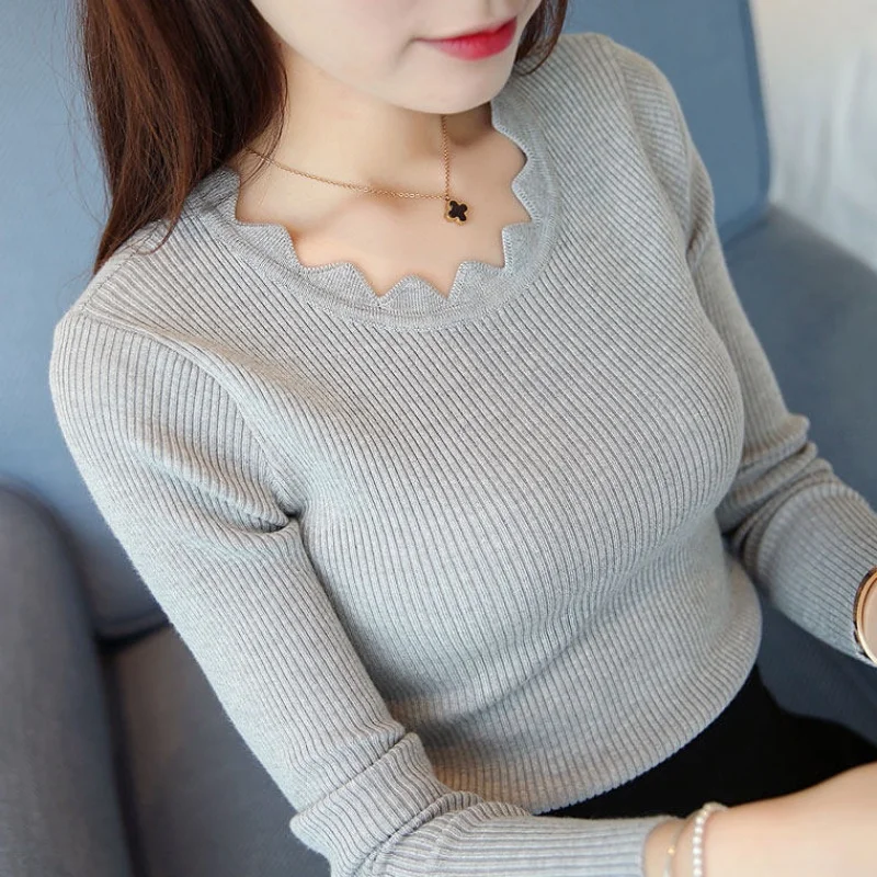 Casual Solid Sweater Women Knitted Slim White Pullover Long Sleeve Tops 2024 Autumn Winter Butterfly Neck Jumper Female