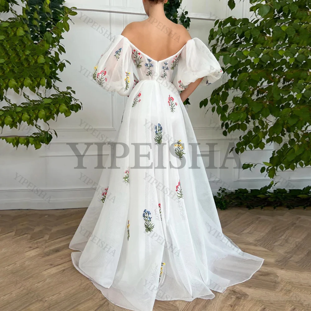 Customized Sweetheart A-Line Prom Gown Flowers Appliques Off The Shoulder Front High Split Organza Evening Dresses Robes De Soir