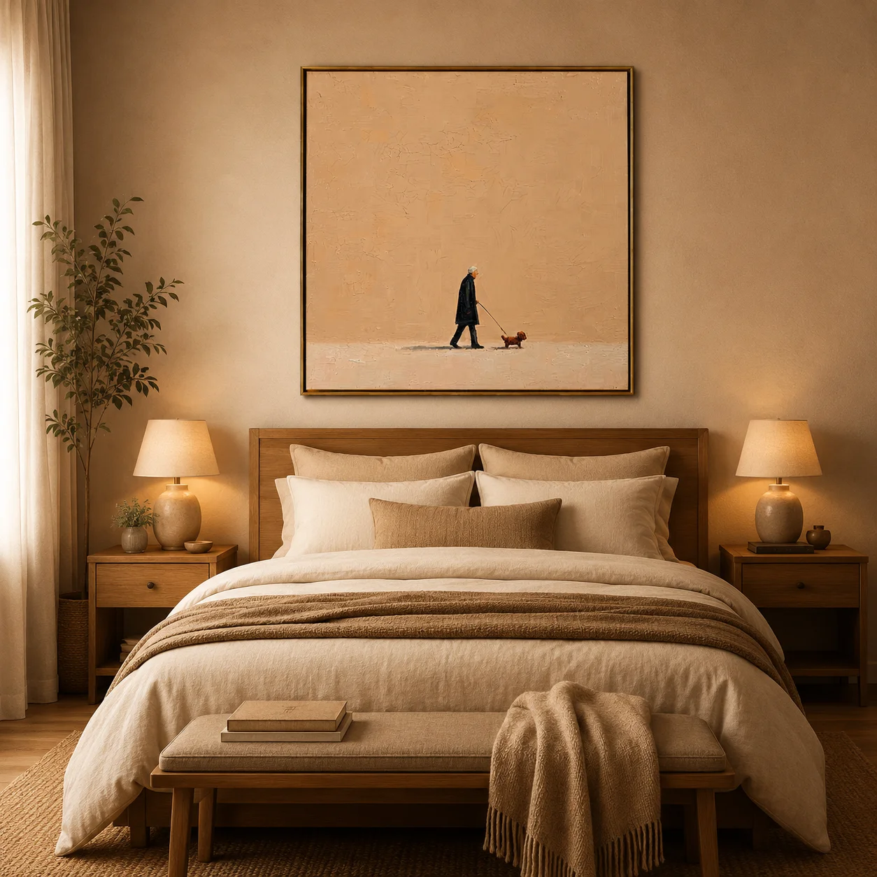 The Afternoon Stroll – Warm Peach Folk Man & Dog Portrait Painting | Minimalist Square Entryway Art for Bedroom, Living Room view 2