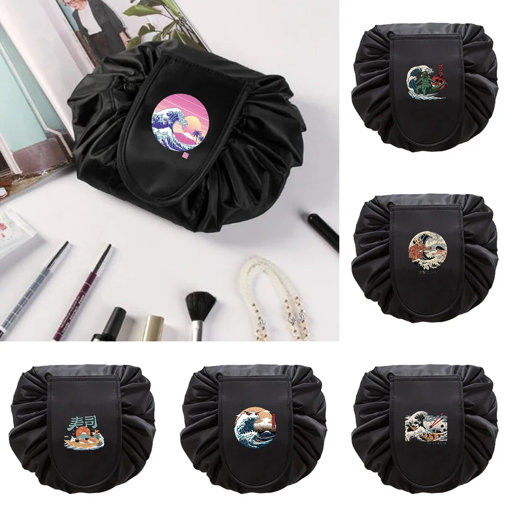 

Drawstring Travel Cosmetic Bag Women Makeup Bag Wave Print Organizer Make Storage Case Pouch Foldable Toiletry Beauty Kit Box