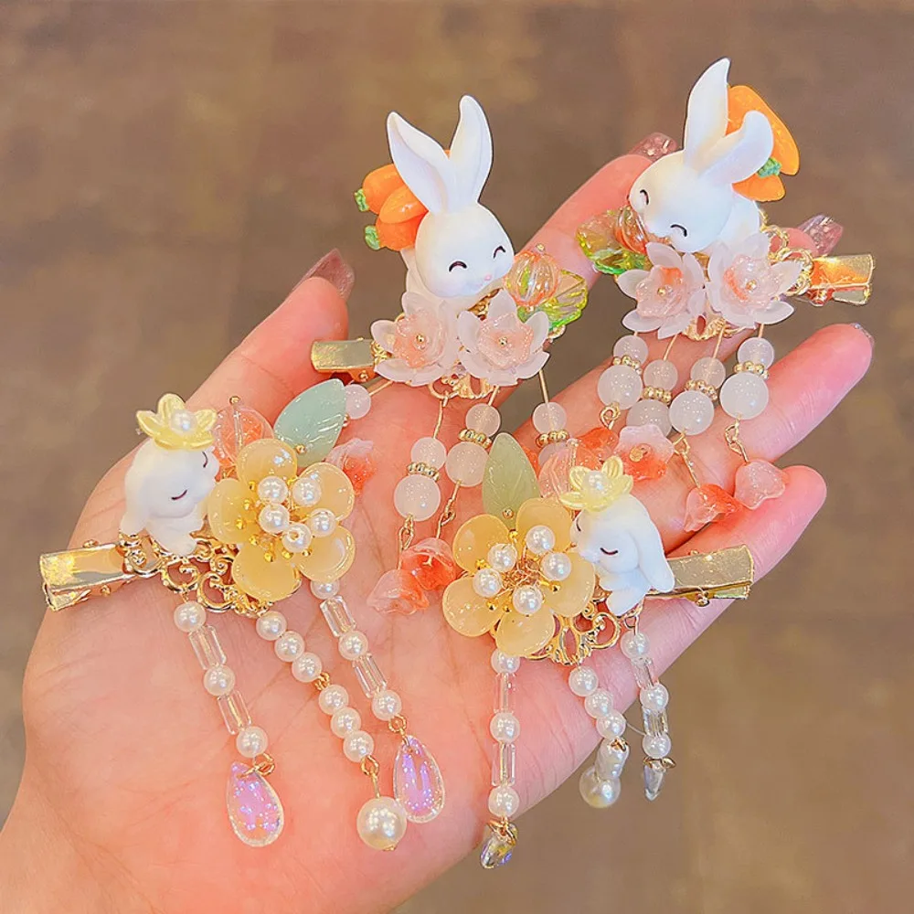 

1 Pair Cute White Rabbit Hair Clips Pearls Tassel Hairpin Children Hanfu Ancient Style Hair Accessories Girls New Year Gifts