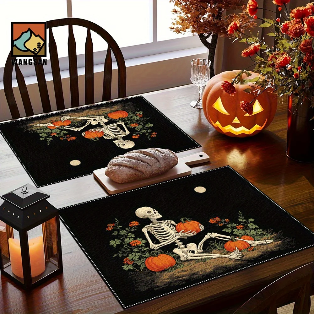 Skull And Pumpkin Print Tablecloth, Heat-Insulating Tablecloth, Suitable For Home Decoration, Holiday Dining, Kitchen And Party