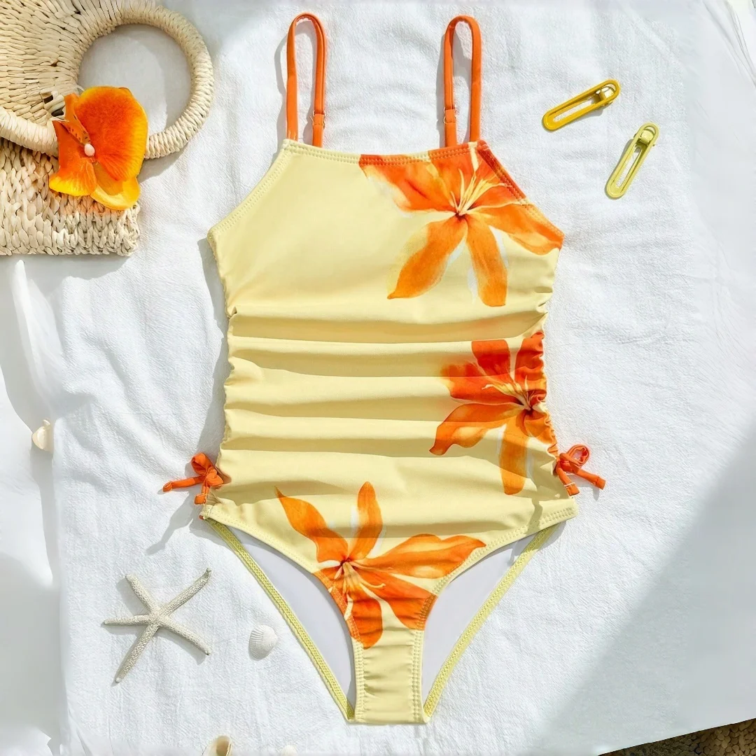 2026 Teen Girls' One Piece Swimsuit with Flower Print Cute Baby Girl's Swimwear For Vacation and Outings Junior Bathing Suit