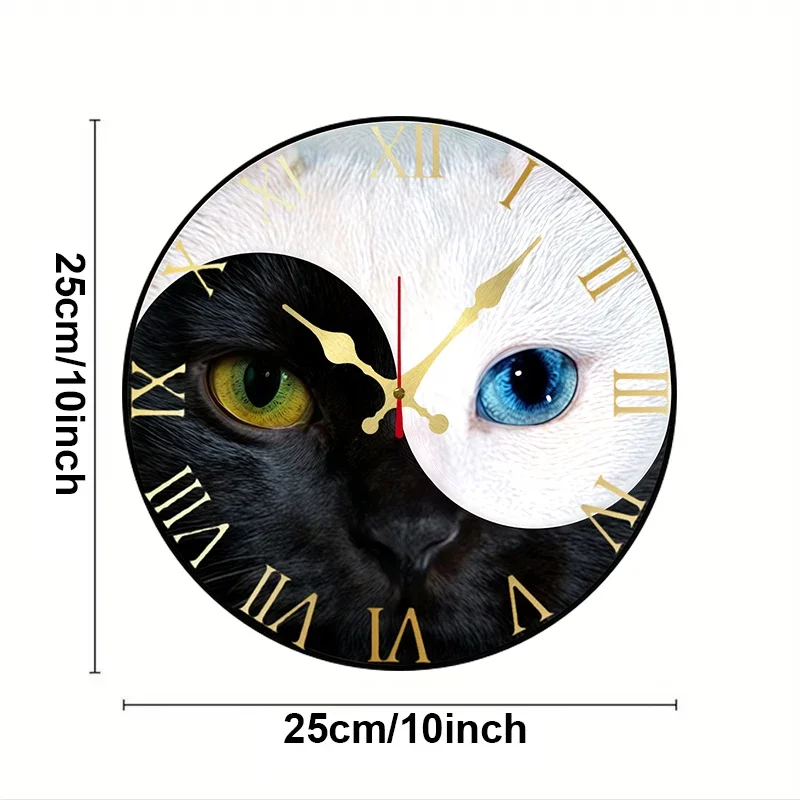 Yin-Yang Cat Wooden Round Silent Hanging Wall Clock, Suitable For Living Room, Office, Study Room, Bedroom, Home Decoration.