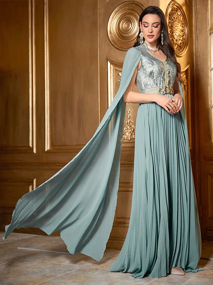 

Dubai Women Evening Dress Chiffon Extra Long Cape Sleeve Belted Abaya Muslim Turkey Moroccan Caftan Kaftan Femme Party Vestidos